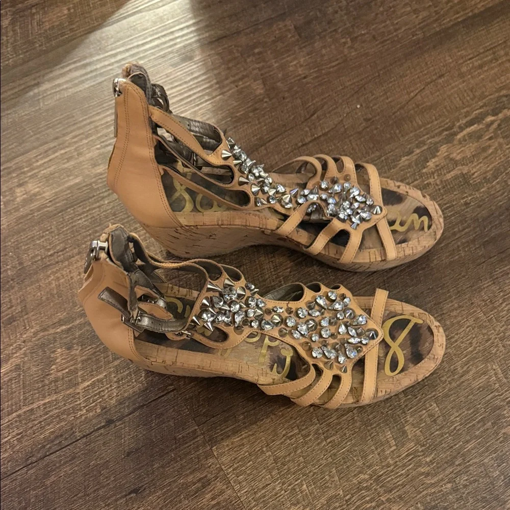 Sam Edelman Elegant Tan Strappy Sandals with Rhinestone and Spikes Detailing